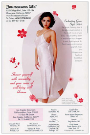Fourseasons Silk. Enchanting Gown Style 5084. The simple flattering lines of this satin sheath conforms to the curves of your body. Its eye-catching sheen is emphasized by a dropped V-neck, thigh high side slit, French seams and crossover spaghetti straps. Whisper white Pearlblush Royal black Teal. Shower yourself with sensuality, and your sense of well-being will blossom.